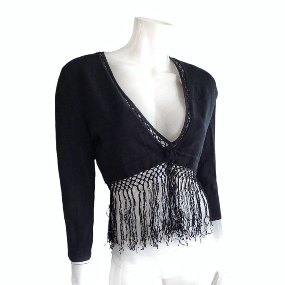 WILLI SMITH Cropped Cardigan Bolero Style Black Knit Sweater Fringe Size M Retro